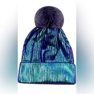 New winter hat metallic blue green and with pompom